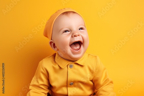 Portrait of a crazy laughing baby with yellow cap and dress in front of a neon yellow background (Generative AI, Generativ, KI)