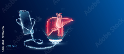 Online medical. Doctor patient consultation. Smartphone and stethoscope checks health human liver organ red translucent low poly triangles and copy space for text. Health care digital concept. Vector.