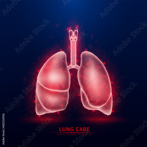 Human lung and trachea red translucent low poly triangles on dark blue background. Futuristic glowing organ anatomy. Innovative technology. Health care medical and science concept. Vector EPS10.