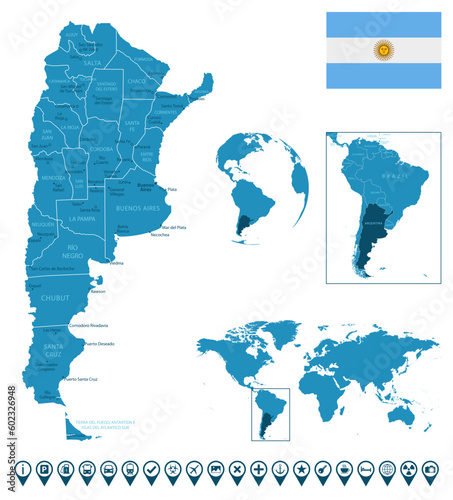 Argentina - detailed blue country map with cities, regions, location on world map and globe. Infographic icons.