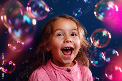 crazy laughing little girl surrounded by soap bubbles in front of a purple background (Generative AI, Generativ, KI)
