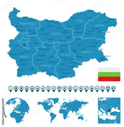 Bulgaria - detailed blue country map with cities, regions, location on world map and globe. Infographic icons.