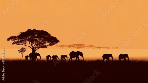 Group of elephants in savanna at sunset, simple minimal tech illustration.