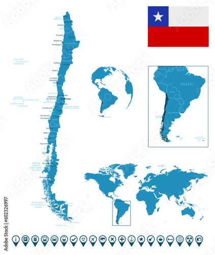 Chile - detailed blue country map with cities, regions, location on world map and globe. Infographic icons.