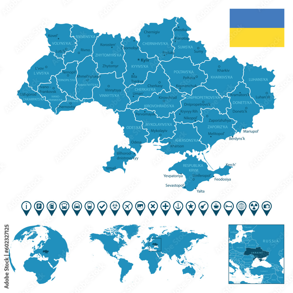 Ukraine - detailed blue country map with cities, regions, location on world map and globe. Infographic icons.