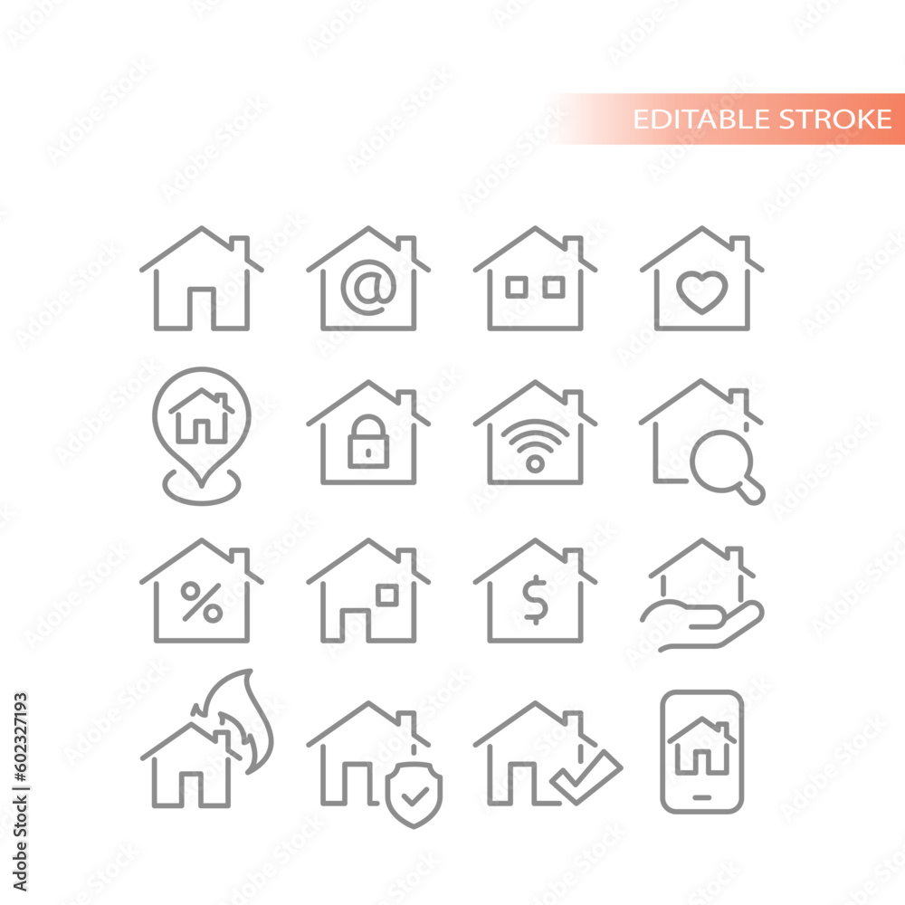 House hunting, home and real estate line vector icon set. Houses, mortgage and housing outline icons.