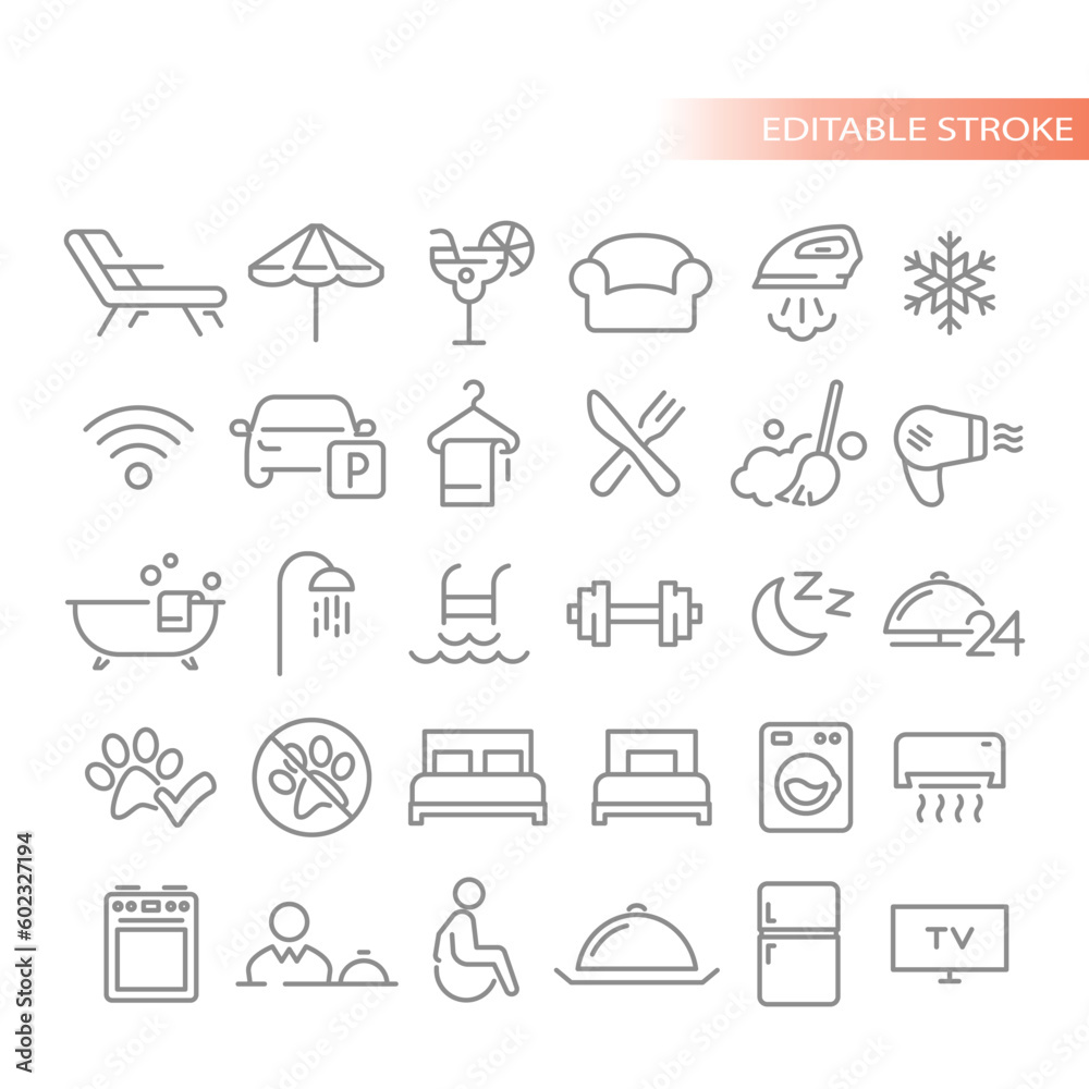 Hotel, reception, room service line vector icon set. Pool, fitness and bed outlined icons. Hotel, reception, room service line vector icon set. Pool, fitness and bed outlined icons.