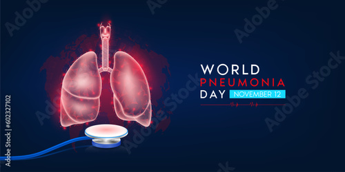 World Pneumonia Day. Tuberculosis disease. Human lung anatomy translucent low poly triangles red float away from stethoscope. Poster or banner for website. Medical concept. Vector EPS10.