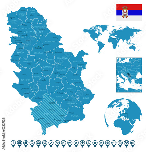 Serbia - detailed blue country map with cities, regions, location on world map and globe. Infographic icons.