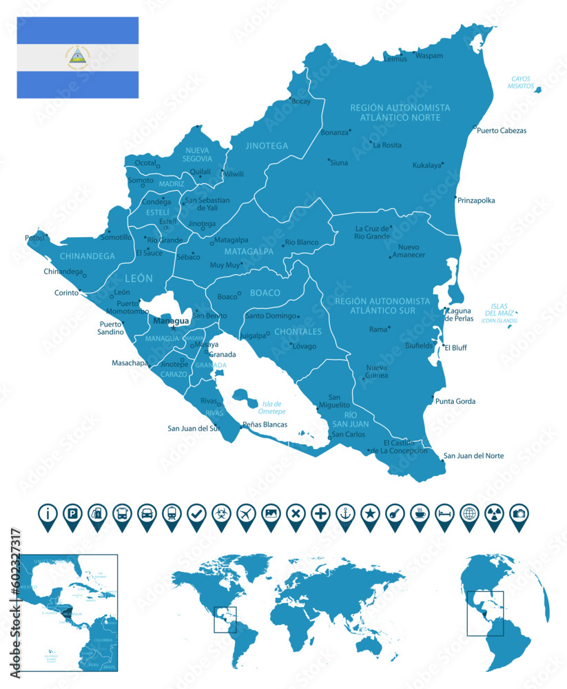 Nicaragua - detailed blue country map with cities, regions, location on