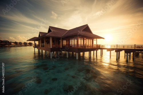 Tropical luxury bungalow hotel on stilts in the sea. Photorealistic illustration generative AI.