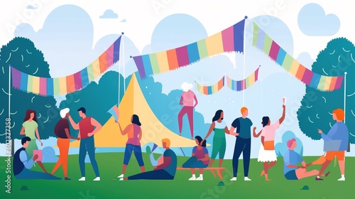 Vector illustration of street LGBTQ+ festival in flat style with people, tents, flags and balloons. simple minimal tech illustration.