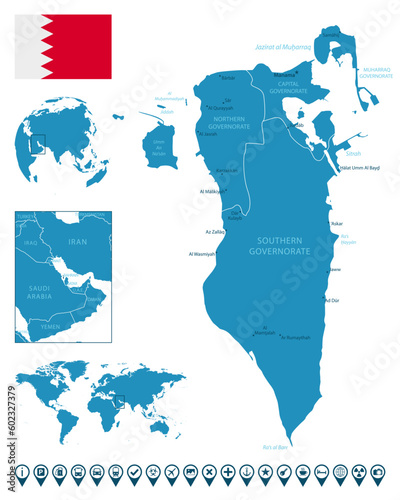 Bahrain - detailed blue country map with cities, regions, location on world map and globe. Infographic icons.