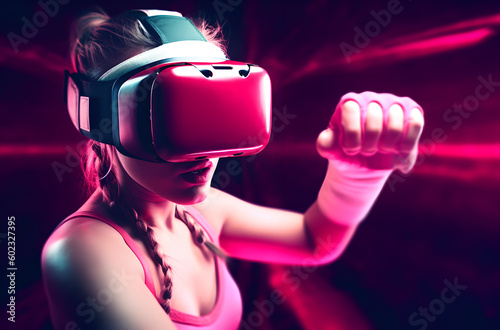 A Teenager Woman Wearing Virtual Reality Glasses Headset and Mitt Acting and Punching in Game © devilkiddy