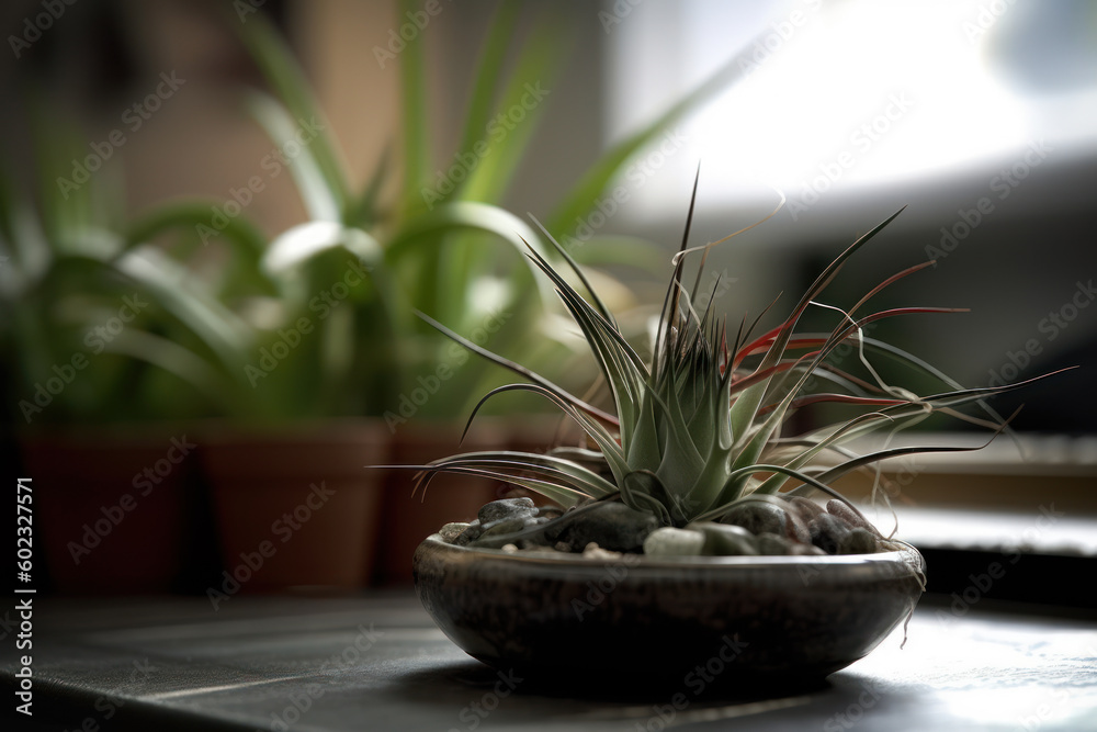 Tillandsia atmospheric in a pot on the background of the window. Photorealistic illustration generative AI. Tillandsia atmospheric in a pot on the background of the window. Photorealistic illustration generative AI.