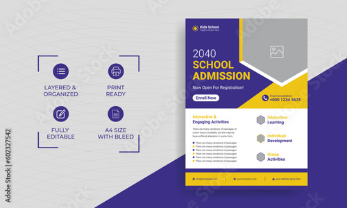School admission kids education flyer template. Kids back to school education admission flyer poster layout template