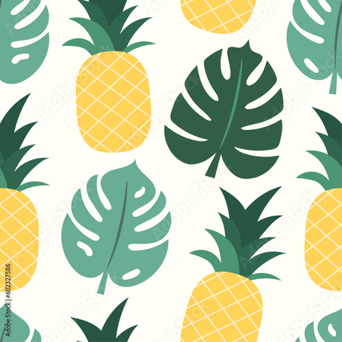 Seamless pattern with tropical leaves and pineapples