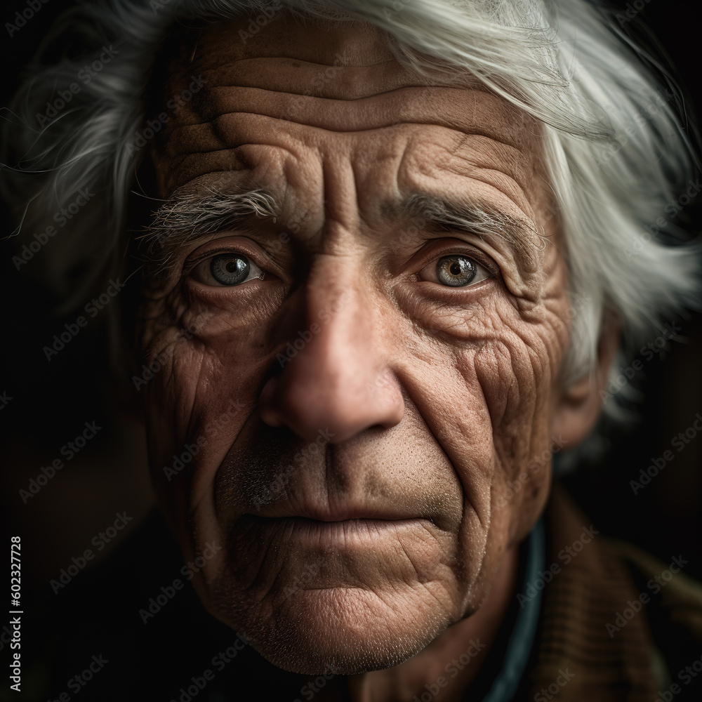 close up portrait of an white haired old man with wrinkles on his face