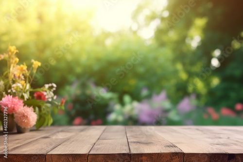 A wooden table in background of summer garden Generative AI
