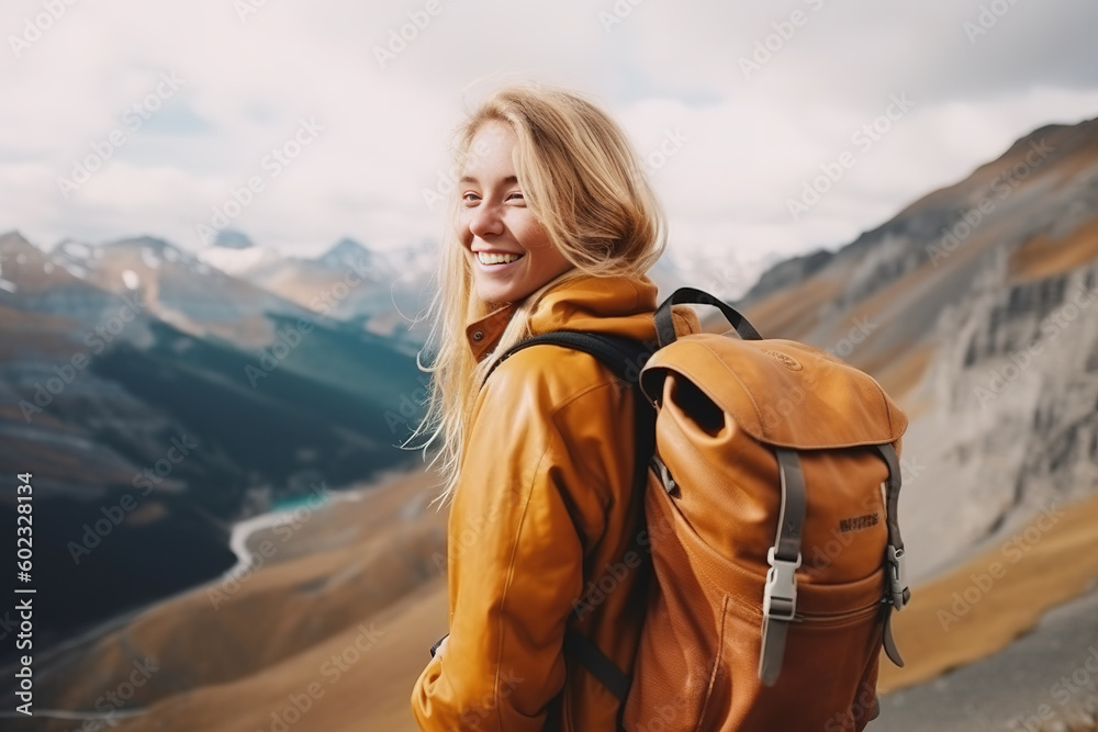 happy caucasian blonde woman with leather backpack on the top of the alpine mountain
