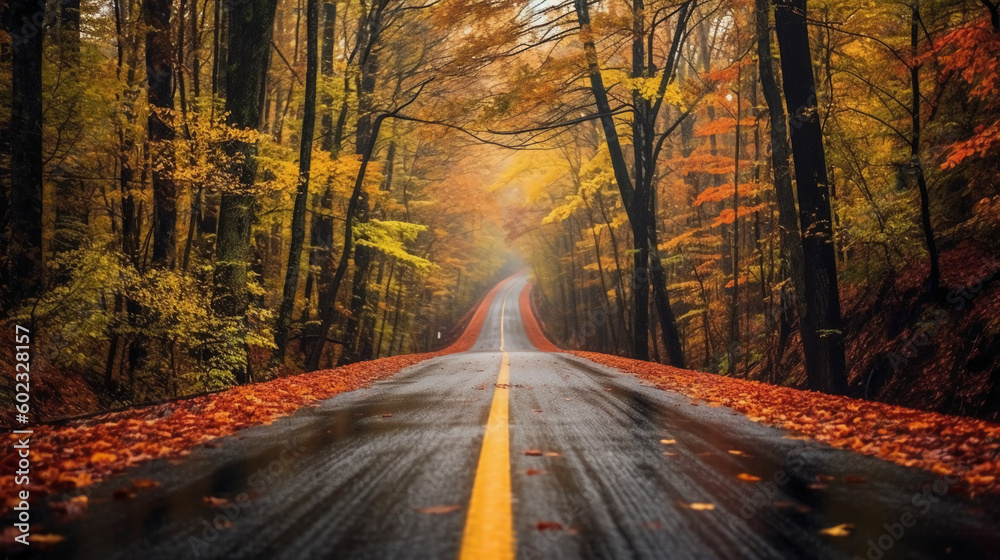 Obraz premium a beautiful long road in autumn season is lined with trees bearing colorful leaves. AI generative