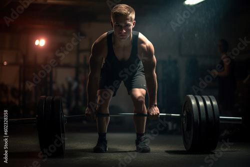 A weightlifter performing a deadlift exercise in a gym. photo