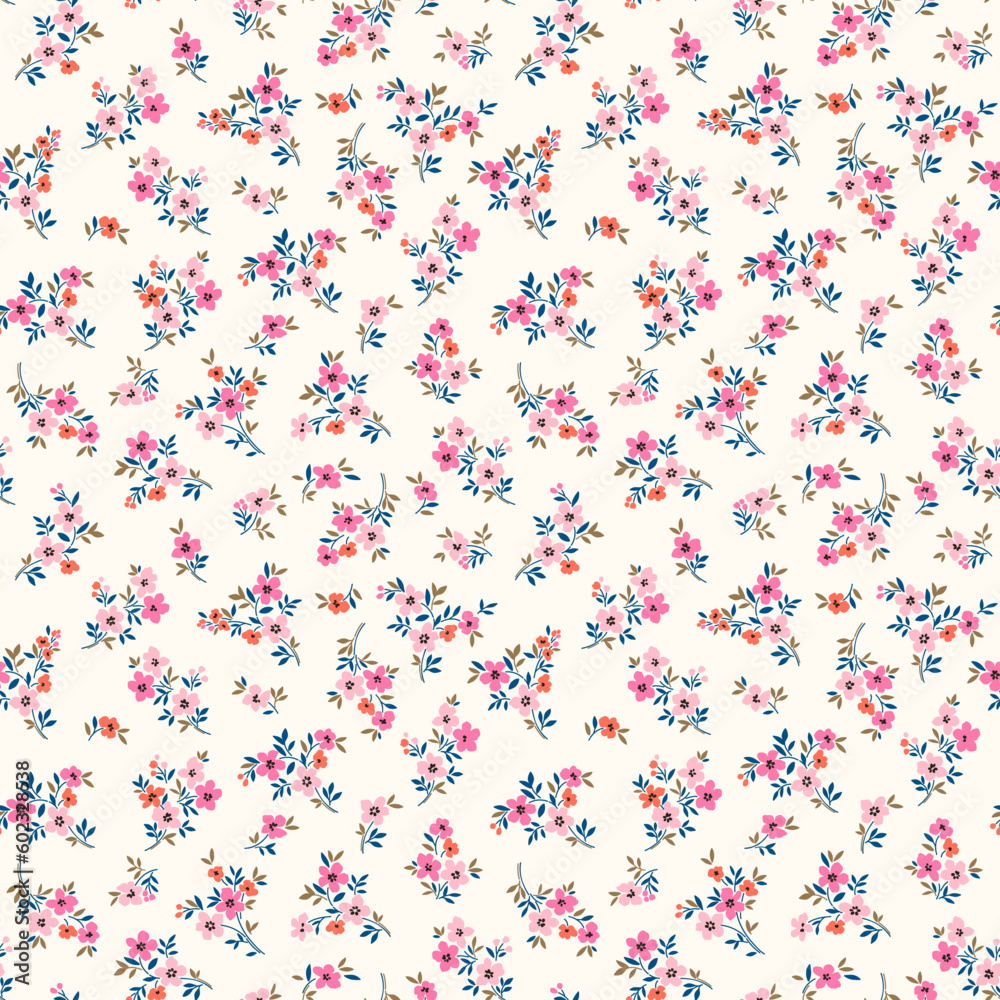 Beautiful floral pattern in small abstract flowers. Small rose pink and orange flowers. White background. Ditsy print. Floral seamless background. Elegant template for fashion prints. Stock pattern.