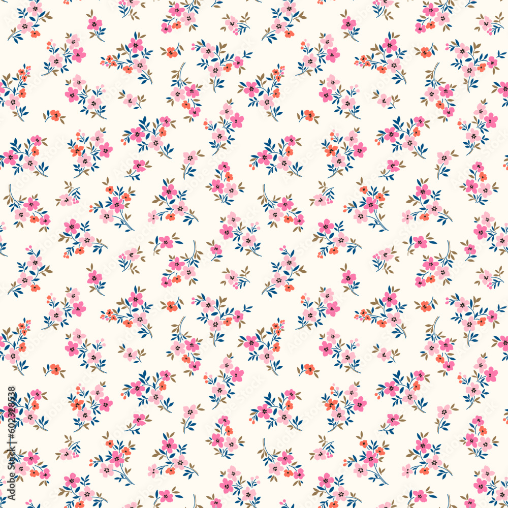 Beautiful floral pattern in small abstract flowers. Small rose pink and orange flowers. White background. Ditsy print. Floral seamless background. Elegant template for fashion prints. Stock pattern.