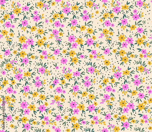 Cute floral pattern in the small flowers. Seamless vector texture. Retro template for fashion prints. Printing with small yellow and pink flowers. White background. Stock print.