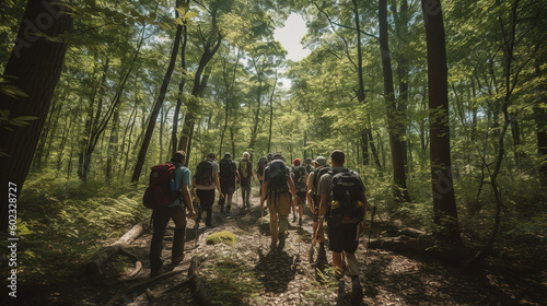 A diverse group of people are hiking through a forest.