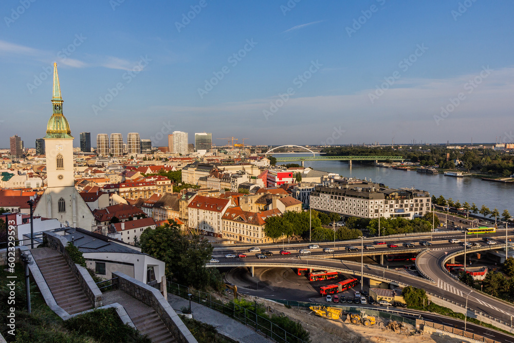 Aerial view of the old town in Bratislava with St Martin's Cathedral and Danube river, Slovakia
