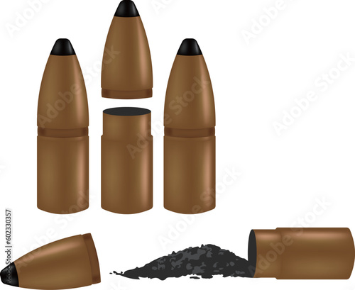vector of realistc gunpowder and bullets with steel head and copper