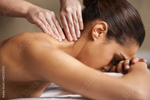 Woman, client or hands for neck massage in hotel spa to relax for zen resting or wellness physical therapy. Face of girl in salon for body healing, sleeping or natural holistic detox by masseuse