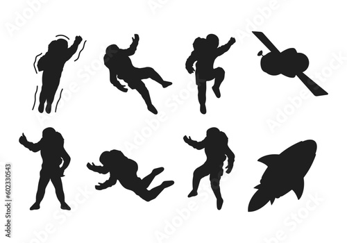 Set of silhouette astronaut characters on white background