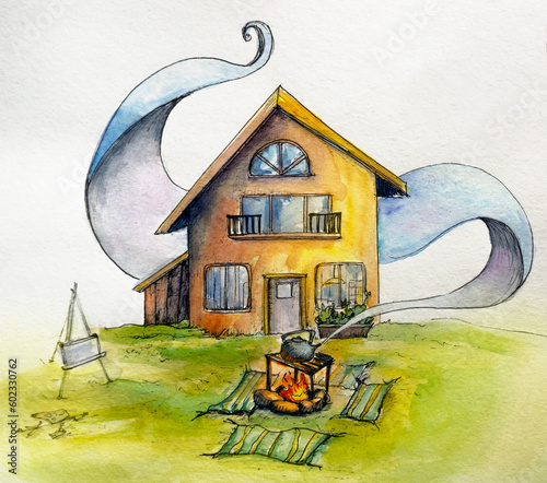 Watercolor drawing of a house  a campfire in front of the house  kettle boiling. Village scene. 