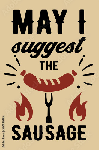 Fun barbecue and grill inscription. Font composition with a sausage on a fork