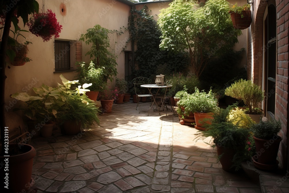 illustration, beautiful Italian style yard with plants and flowers, ai generative