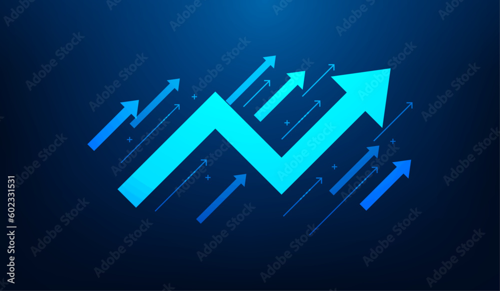 business finance investment graph arrow up technology. Income and return on investment. trading stock market increase concept. vector illustration fantastic low poly wireframe design. - obrazy, fototapety, plakaty 
