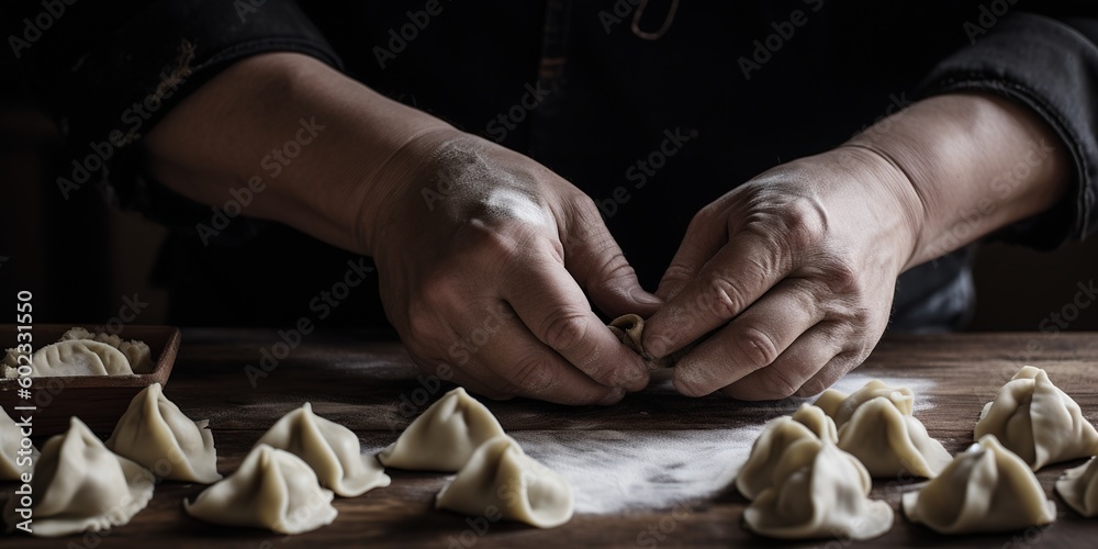 Hands shape a doughy mixture into perfect dumplings, following a precise folding technique, concept of Traditional cuisine mastery, created with Generative AI technology