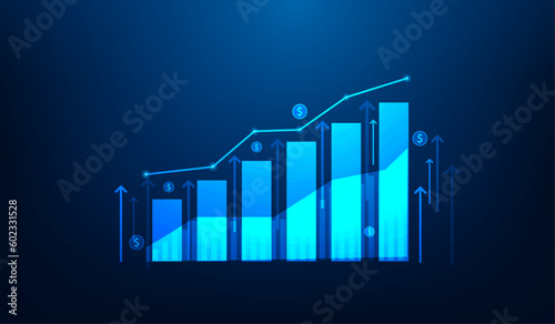 business finance money investment graph arrow up technology. Income and return on investment. trading stock market increase concept. vector illustration fantastic low poly wireframe design.