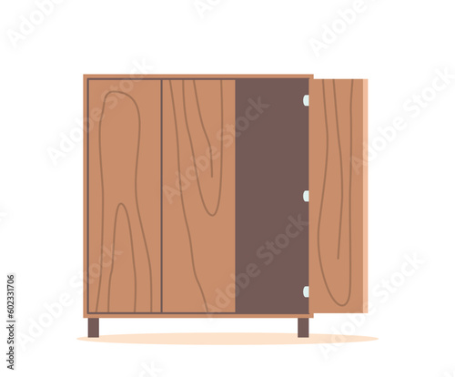 Wooden Cupboard with Open Door, Furniture Item Made Of Wood, Consisting Of Shelves Or Drawers, Vector Illustration