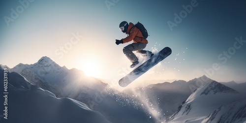 A thrilling image of a snowboarder soaring through the air, highlighting the fearlessness and skill of extreme winter sports, concept of Gravity-defying action, created with Generative AI technology