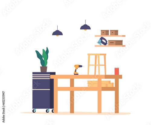 Wooden Table with Furniture Assembly Tools in Carpenter Workshop. Drill, Nails, Grinder Tool on Shelf Perfect For Diy
