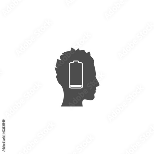 Human head with low battery charge icon isolated on white background