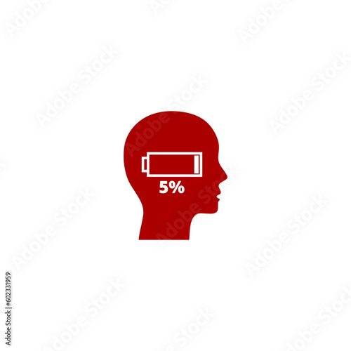 Human head with low battery charge icon isolated on white background
