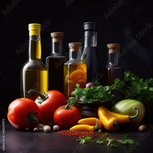a table topped with lots of different types of food, a still life, hyperrealism, cooking oil, with a black dark background, ratatouille style, highly detailed product photo, generative ai