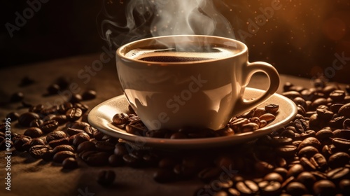 a cup of coffee sitting on top of a saucer  renaissance  dark warm light  full of steaming coffee  coffee beans  in the evening  generative ai