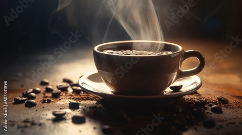 a cup of coffee sitting on top of a saucer, romanticism, dust and steam, dark and beige atmosphere, hot cocoa drink, lit from the side, generative ai