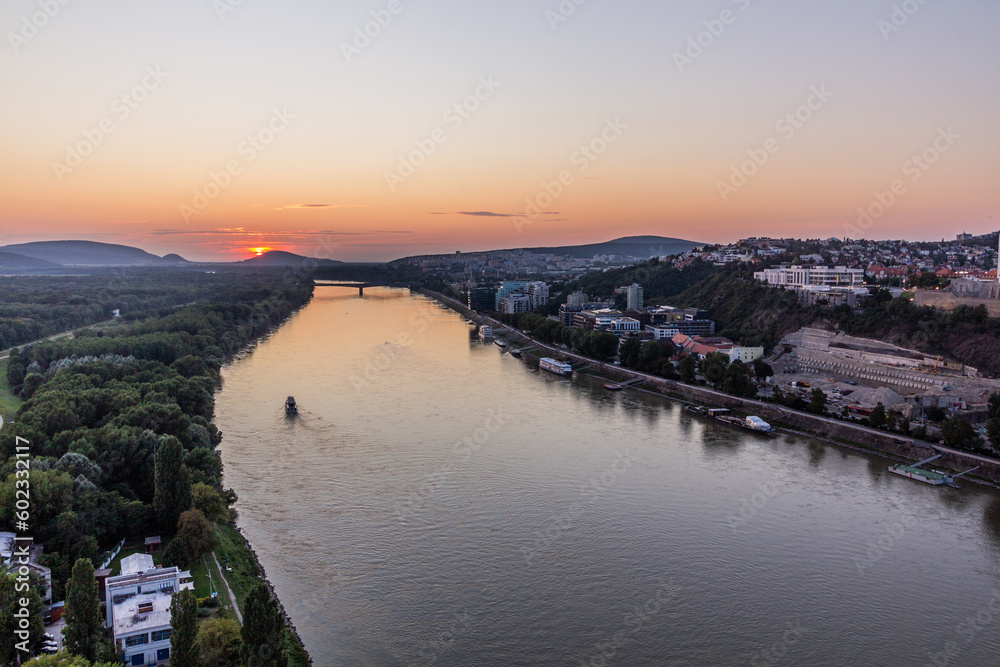 Sunset above Danube river in Bratislava, Slovakia