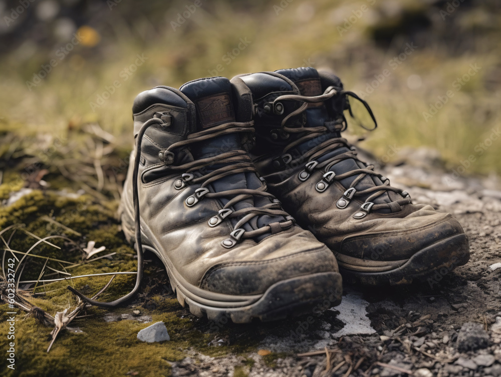 A pair of worn hiking boots sitting on a rock Generative Ai A pair of worn hiking boots sitting on a rock Generative Ai